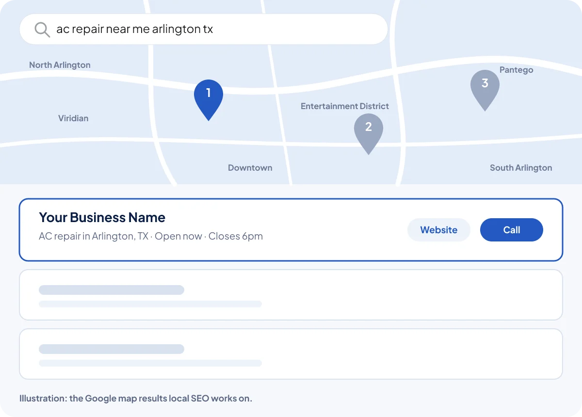 Illustration of Google map results for ac repair near me arlington tx, with a local business in first place