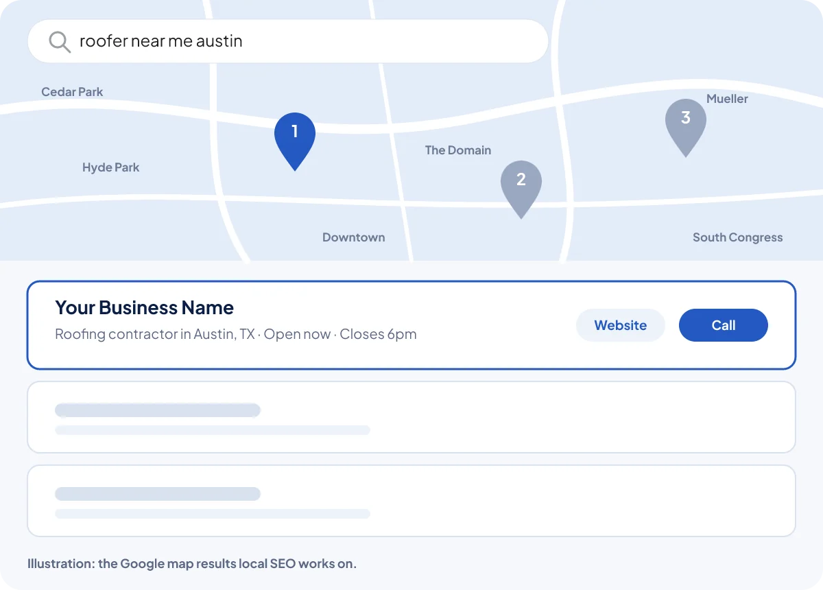 Illustration of Google map results for roofer near me austin, with a local business in first place