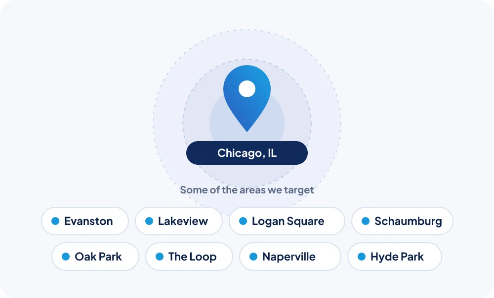 Stylised map of Chicago and the areas around it that NexGen Rank targets for local SEO