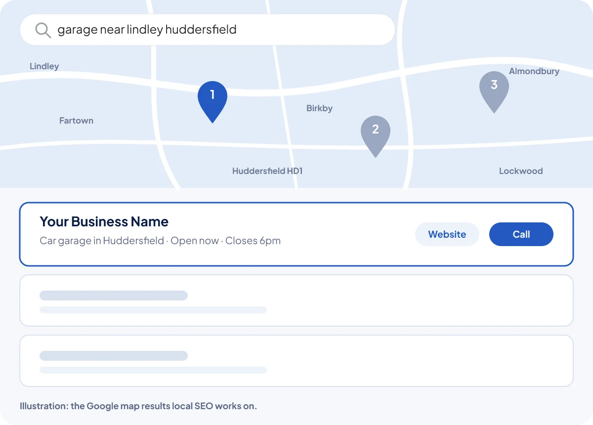 Illustration of Google map results for garage near lindley huddersfield, with a local business in first place