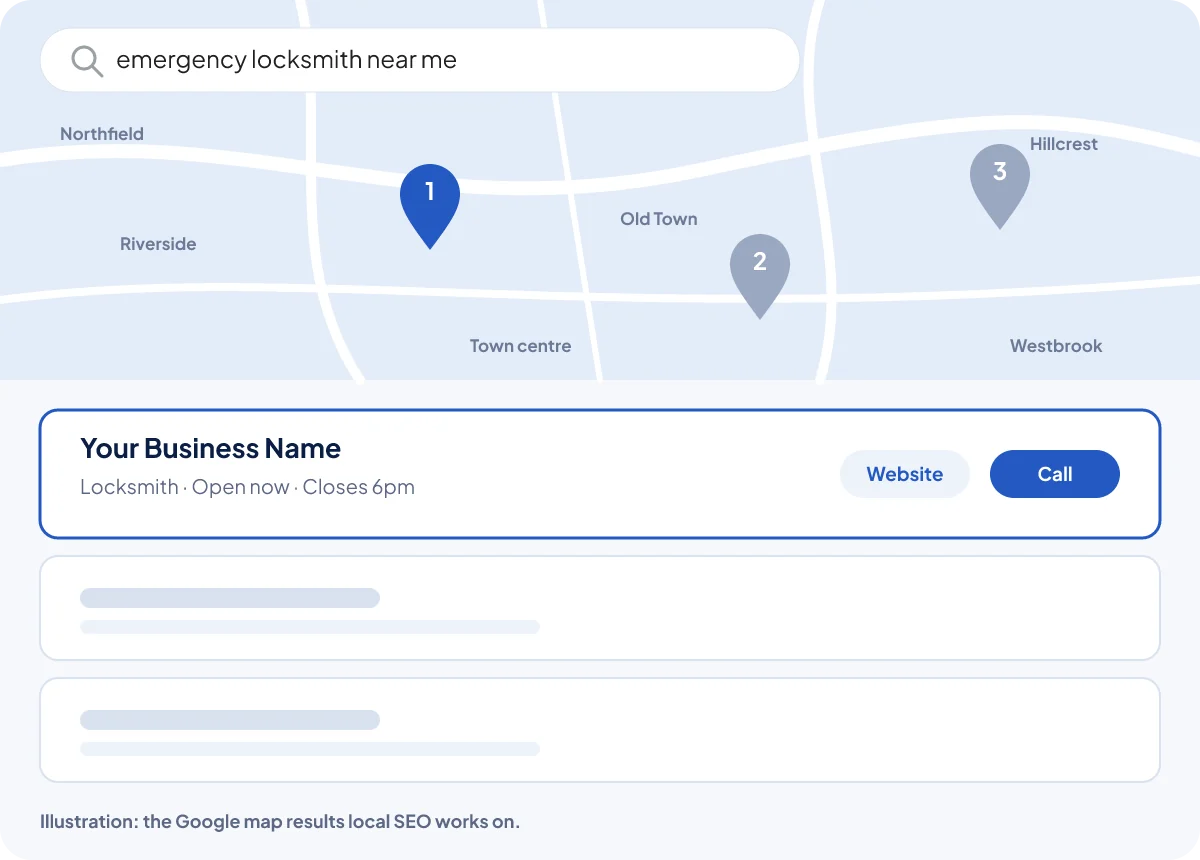 Illustration of Google results for emergency locksmith near me, with a local business in first place