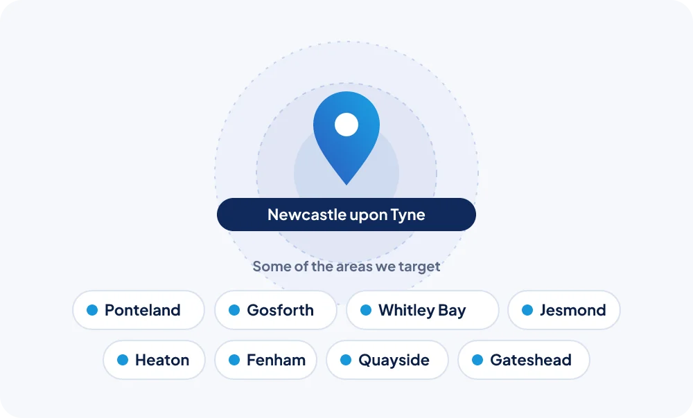 Stylised map of Newcastle and the areas around it that NexGen Rank targets for local SEO