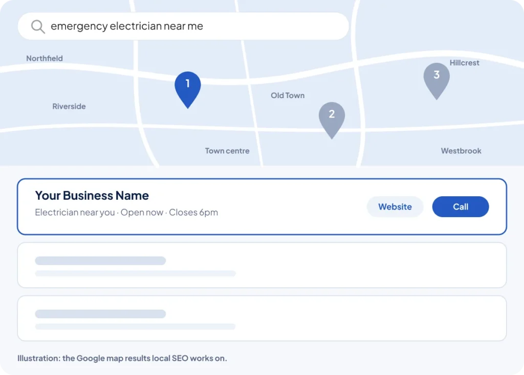 Illustration of Google map results for emergency electrician near me, with a business profile in first place