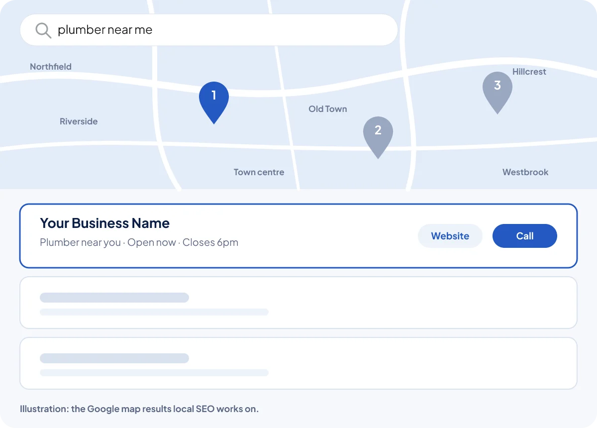 Illustration of Google map results with a local business in first place