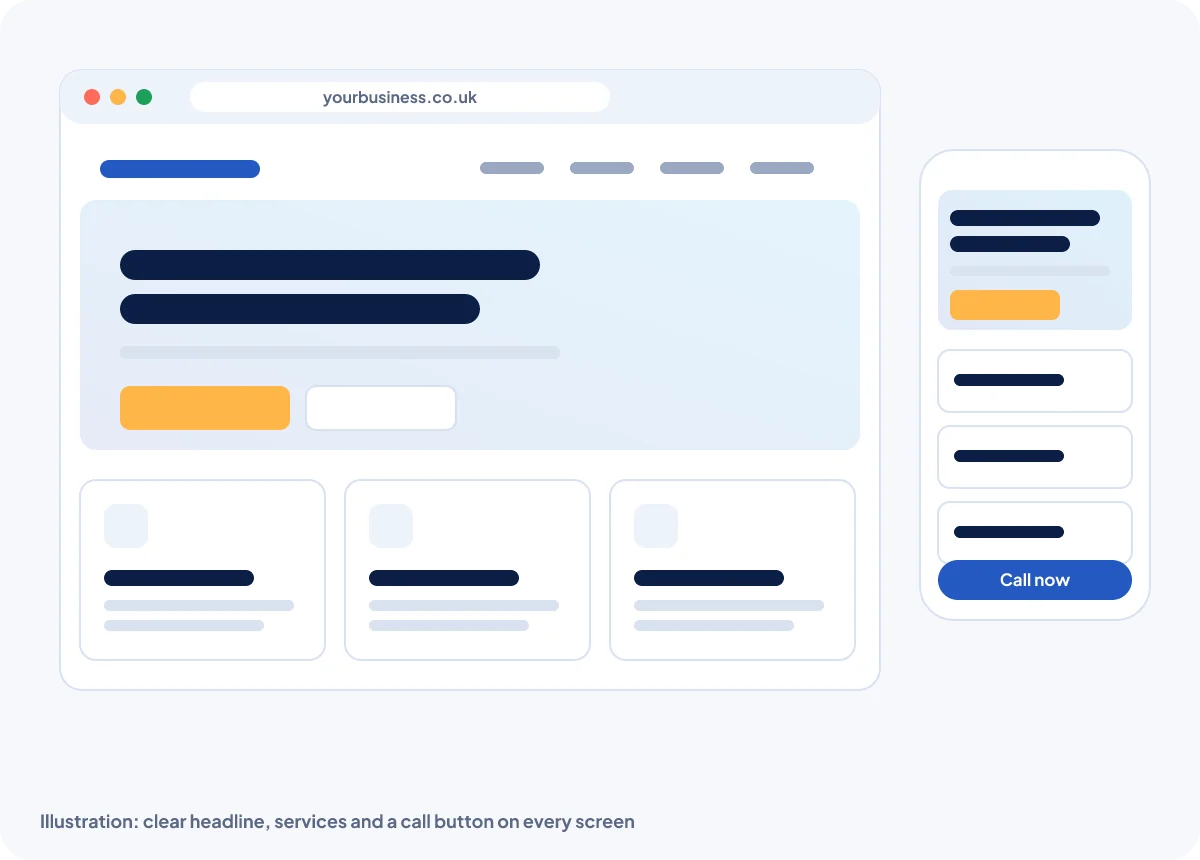 Illustration of a business website on a laptop and a phone, with a clear headline, services and call button