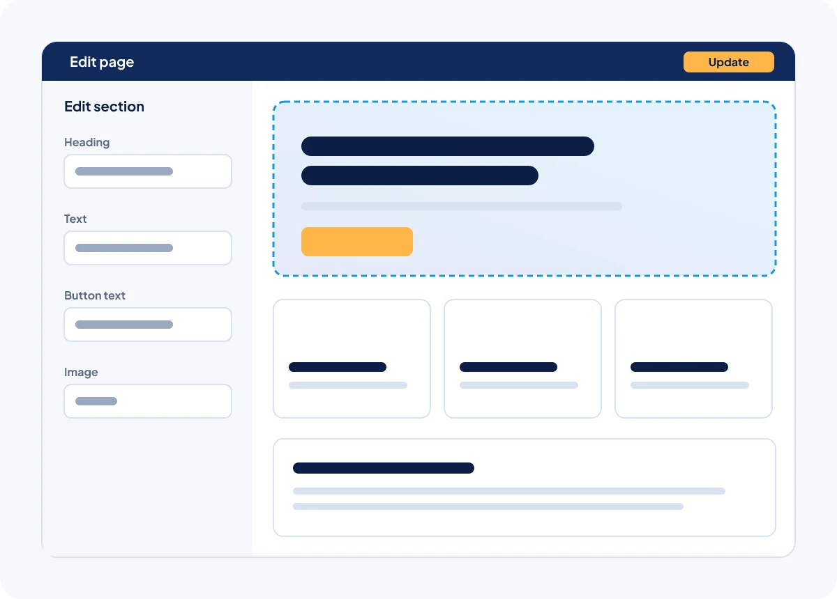 Illustration of a WordPress page being edited, with the page layout on one side and simple editing controls on the other